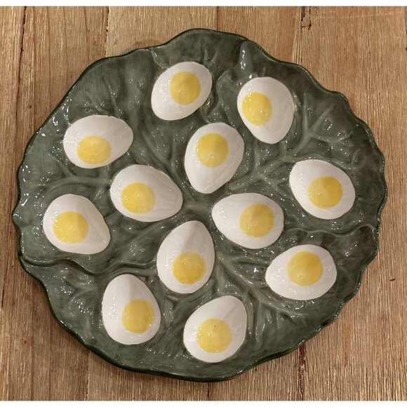 Department Dept 56 Green Egg Serving Platter Cabbage Leaf Majolica Easter - Picture 1 of 4